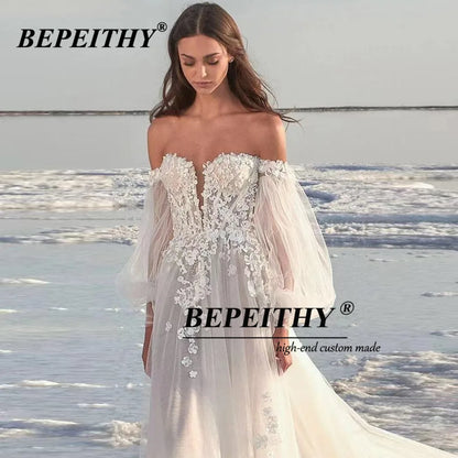 BEPEITHY Boho Wedding Dress Off The Shuolder Vestidos De Novia Long Sleeves Lace Sexy Beach Bridal Gown 2023 Robe De Mariée