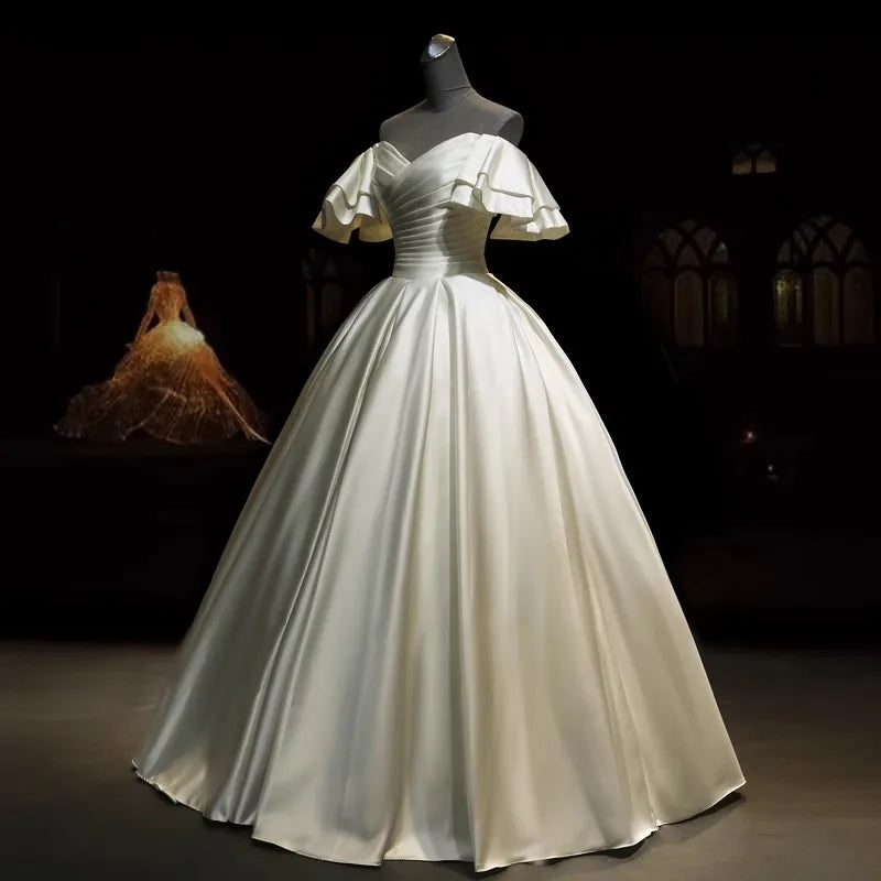 Robe de mariée élégante pour femme, épaules dénudées, manches courtes, robe de bal, robe de soirée de mariage blanche