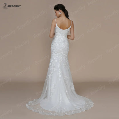 BEPEITHY Mermaid Lace Wedding Dresses For Women Sleeveless 2023 Sweep Train Ivory Trumpet Bride White Bridal Gown V Neck Vestido