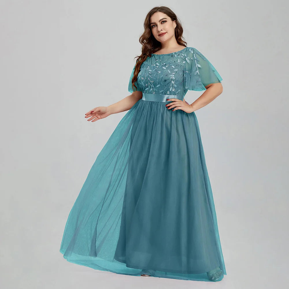 Women's Plus Size Mesh A-Line Sequin Embroidery Evening Dress Leaf  Maxi Prom Dress With Sleeves For Wedding Dress 2022