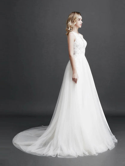 Robe de mariée en dentelle sans manches pour femme, couleur de peau, tempérament, appliques de fleurs 3D, robes de soirée, nouvelle collection 2024