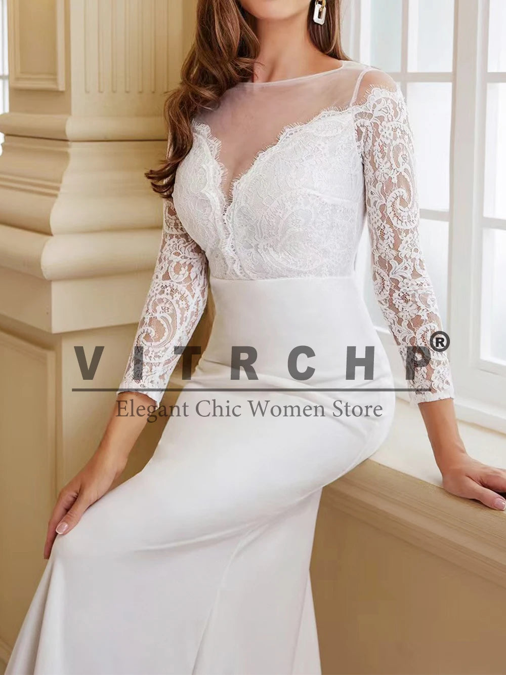 VITRCHP Long Sleeve Mermaid Wedding Dress Beach O-Neck Lace Sweep Train Button Bridal Gowns Customize To Measures Civil Sweep