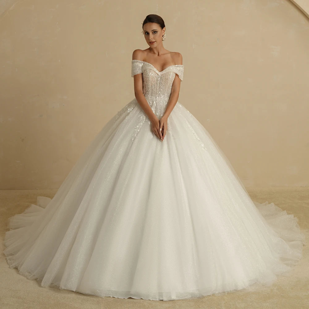 BEPEITHY Strapless A Line Glitter Wedding Dresses For Bride Sweep Train Ruffles Skirt Modern Princess Bridal Gown Ivory 2023 New