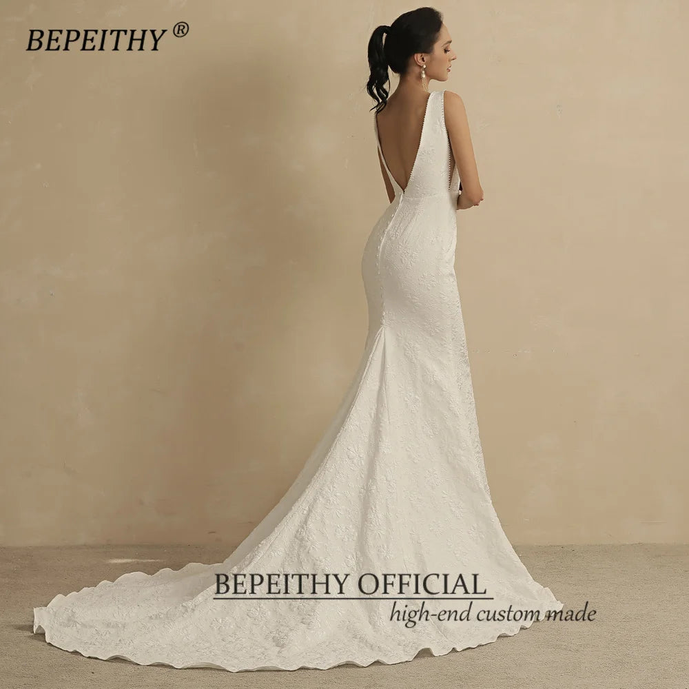 BEPEITHY Sexy Deep Pearls V Neck Mermaid Wedding Dresses For Women 2023 Court Train Ivory Embossing Bridal Gowns Open Back New