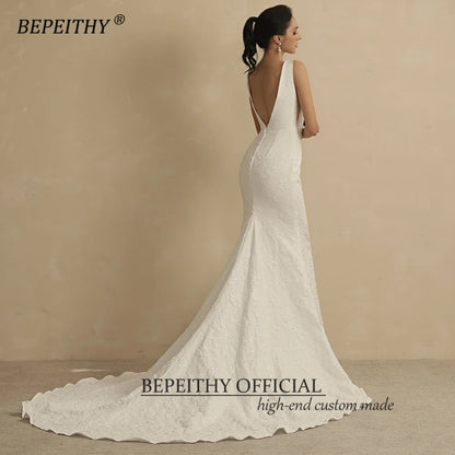 BEPEITHY Sexy Deep Pearls V Neck Mermaid Wedding Dresses For Women 2023 Court Train Ivory Embossing Bridal Gowns Open Back New