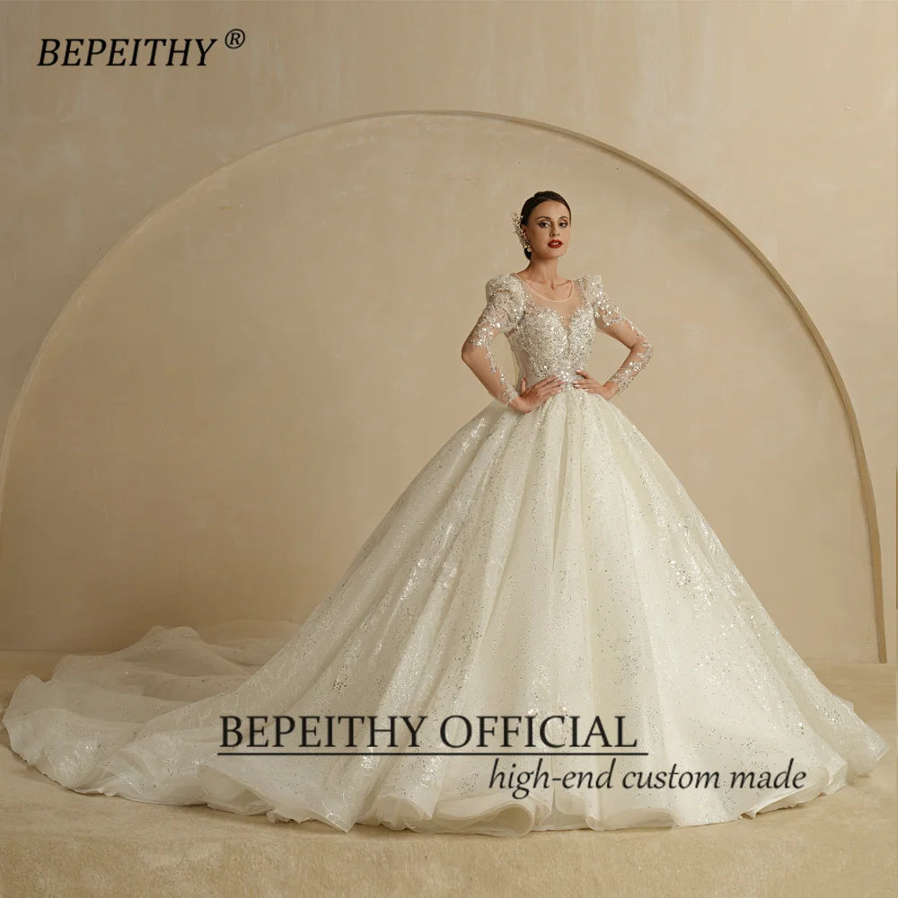 BEPEITHY Exquisite Princess Glitter Wedding Dresses For Women 2022 Bride Ivory Full Sleeves Open Back Shinny Ball Bridal Gowns