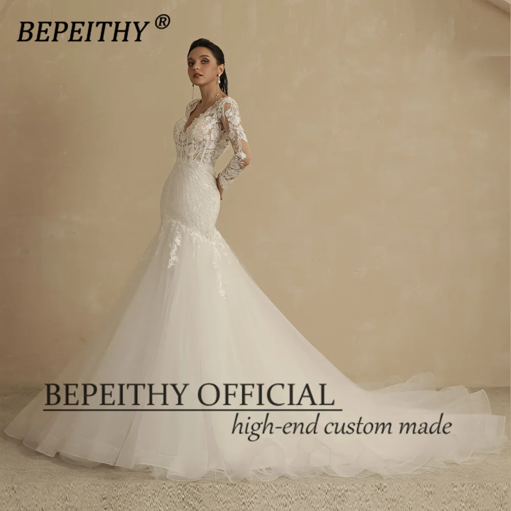 BEPEITHY Vintage V Neck Trumpet Wedding Dresses For Women 2022 Full Sleeves Court Train Lace Ivory White Boho Bride Bridal Gown