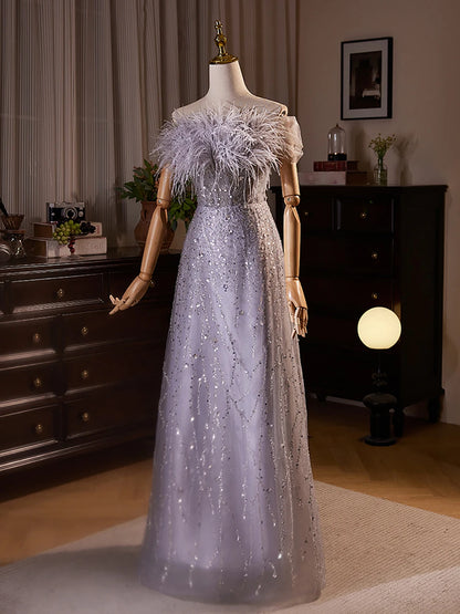 Nouvelle arrivée violet chérie plumes A-ligne robes de soirée de luxe 2024 texture haut de gamme robe de perles pour les femmes fête de mariage