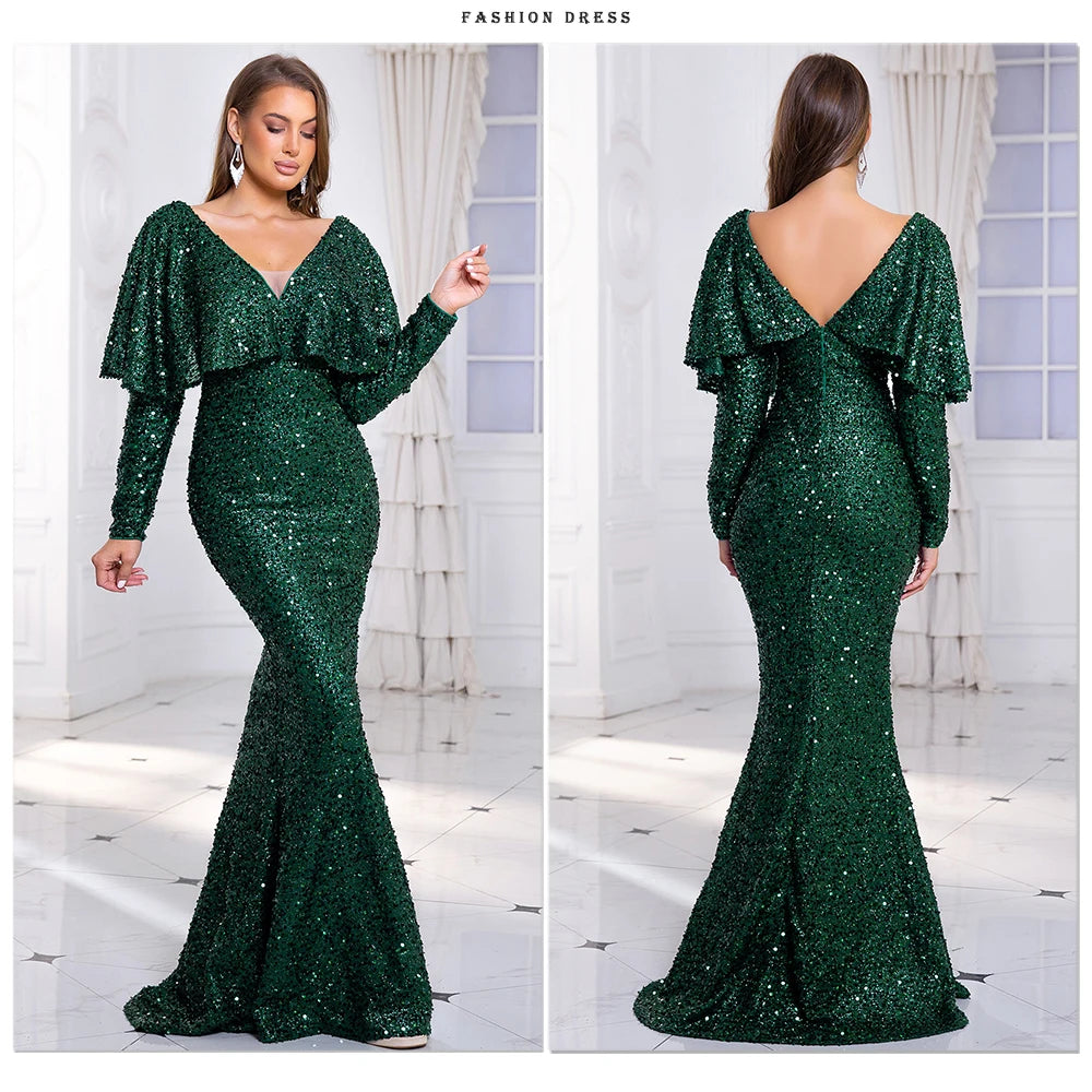 Robe de soirée de mariage à col en V Romagic à manches longues avec cape Robe de soirée élégante pour femmes Robes sexy 2024