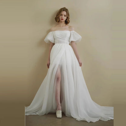 Slit dress Wedding Dresses short-sleeve A-line off-shoulder Sash Bride Wedding Gowns Boho Vestido de Noiva with train