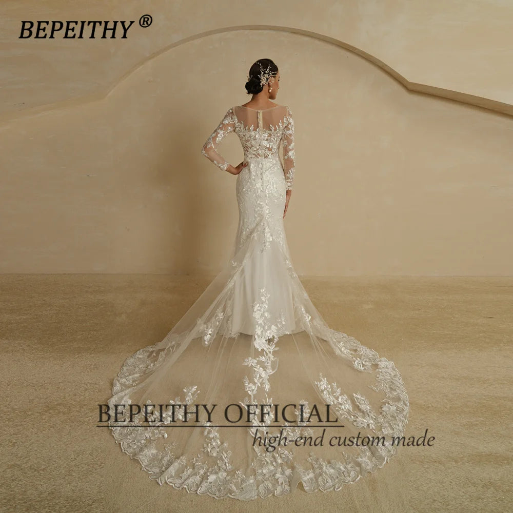 BEPEITHY Vestidos de novia de encaje de sirena 2022 Mangas tres cuartos Cuello barco Vintage Boho Novia Corte de cola Vestido de novia para fiesta Nuevo