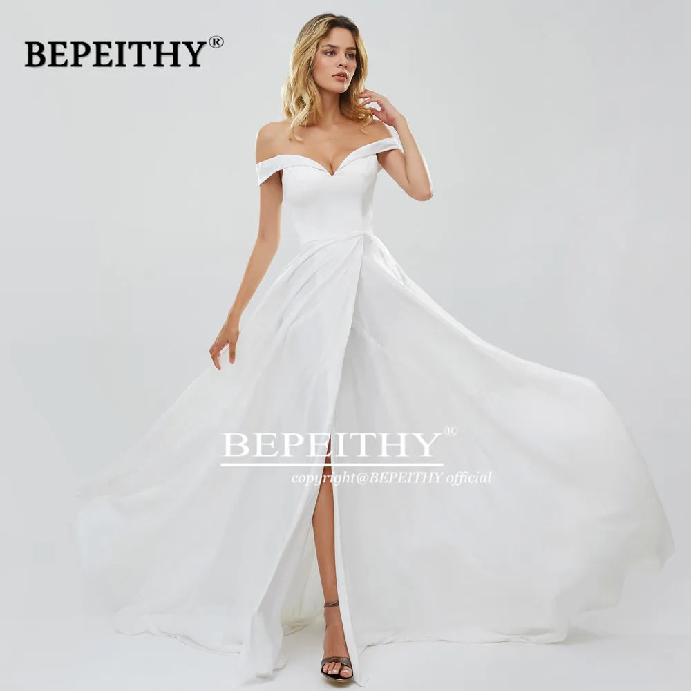 BEPEITHY Beach Modern Wedding Dresses For Bride High Slit Boho Off The Shoulder Indian Ivory Bridal Gowns Plus Size With Train