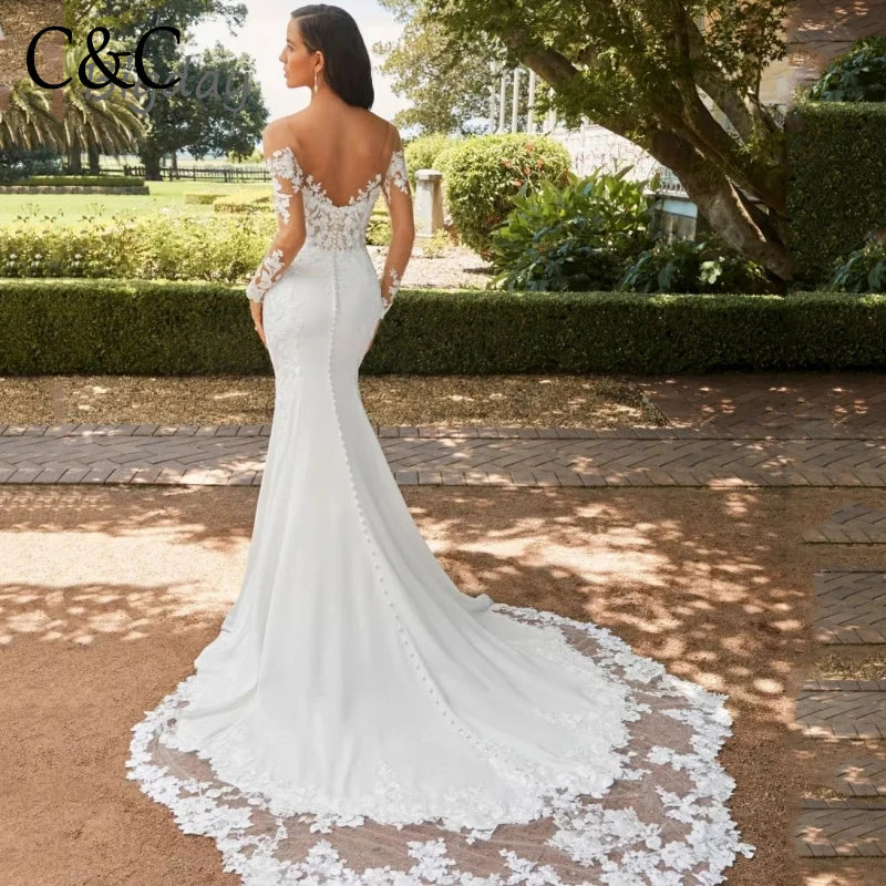 Elegante vestido de novia de sirena con escote en forma de corazón 2024, blanco, manga larga, espalda abierta, apliques de encaje, vestido de novia con cola larga