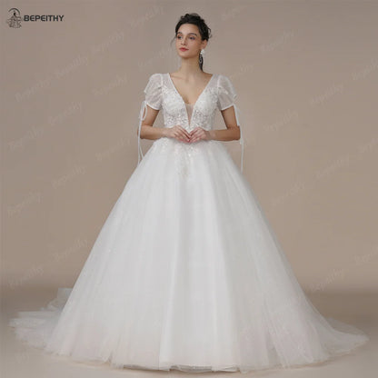 BEPEITHY Short Sleeves A Line Ivory Wedding Dresses For Women Sexy V Neck Open Back Boho Pearls Bride Glitter Bridal Gown 2023