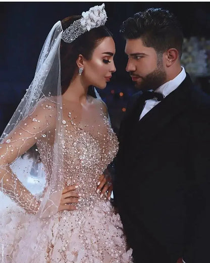 Diseño Dubai real manga larga Apliques de encaje flores de cristal vestido de novia de lujo свадебное платье vestidos de novia