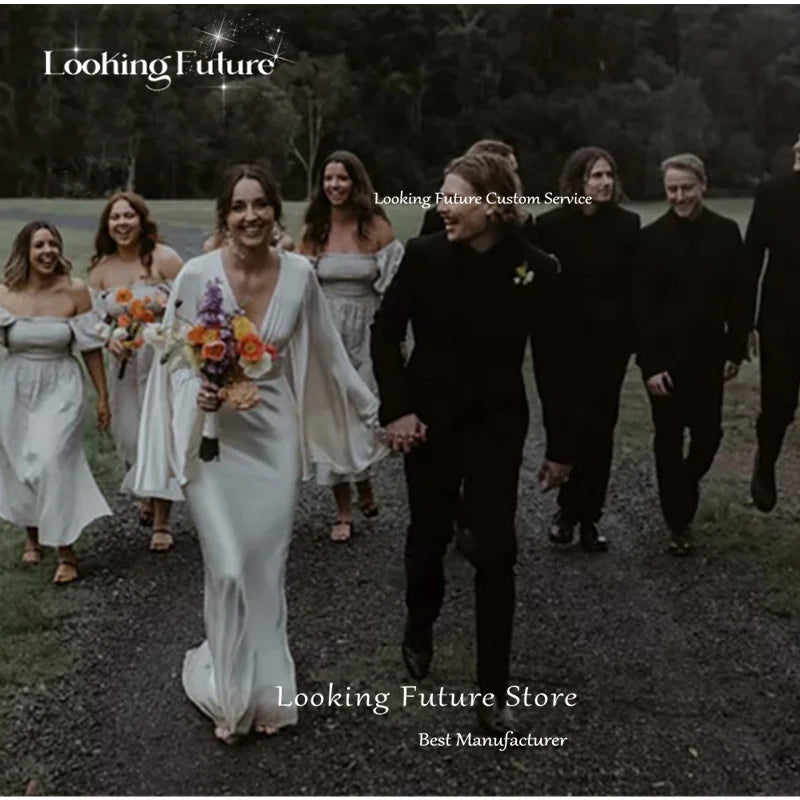 Robe de mariée blanche longue et simple, coupe trapèze, sexy, décolleté en V profond, plissée, manches longues, vintage, dos nu, fermeture éclair, pour mariées, 2024