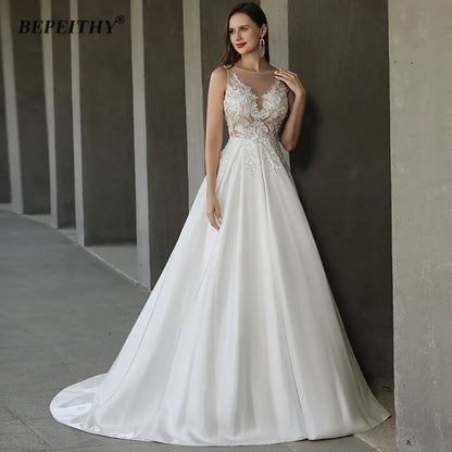 BEPEITHY Ivory Long Evening Dresses For Women Sleeveless A Line Sweep Train Vintage Prom Party Dress Vestidos De Noche Femme