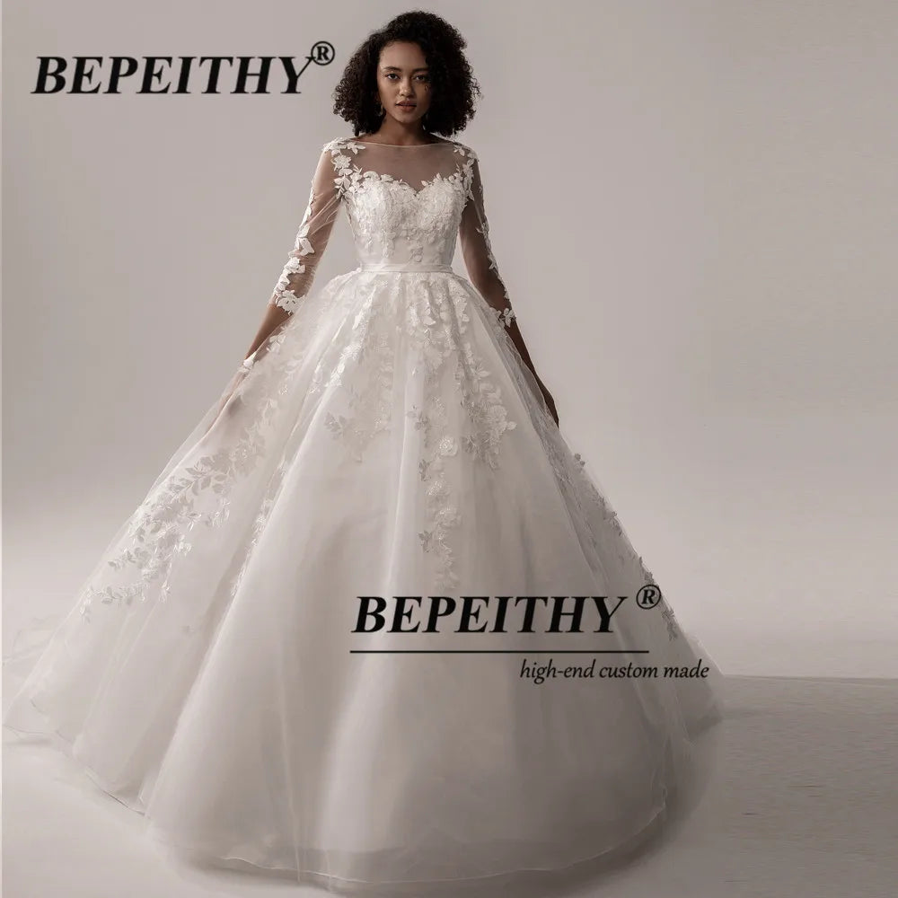 BEPEITHY Three Quarter Sleeves Lace Wedding Dresseas For Women Sexy Backless Wedding Bouguet A-Line Bridal Gowns With Belt New