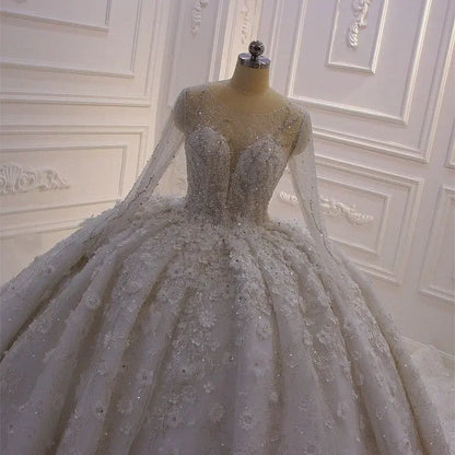 Exquisitos vestidos de novia florales de manga larga con apliques de cuentas brillantes para novias 2024, vestidos de mujer hechos a medida