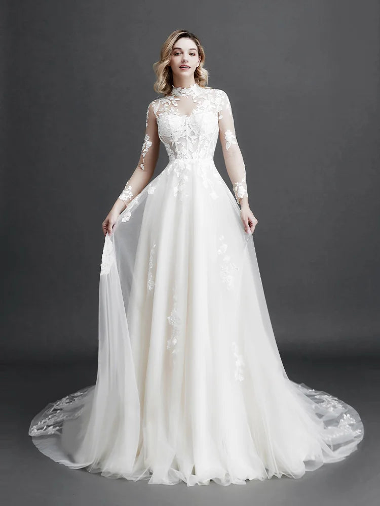 Robe de mariée en dentelle à manches longues pour femme, style bohème rétro, nouvelle collection 2024, fleurs 3D appliquées, robes de soirée élégantes pour bal de fin d'année