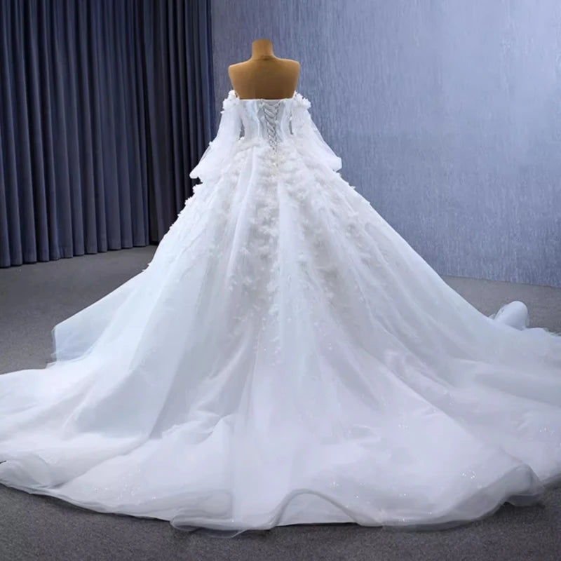 Vestidos de novia musulmanes árabes de lujo con hombros descubiertos y flores, cola capilla, vestidos de novia de graduación, vestidos novias boda, ropa de quinceañera