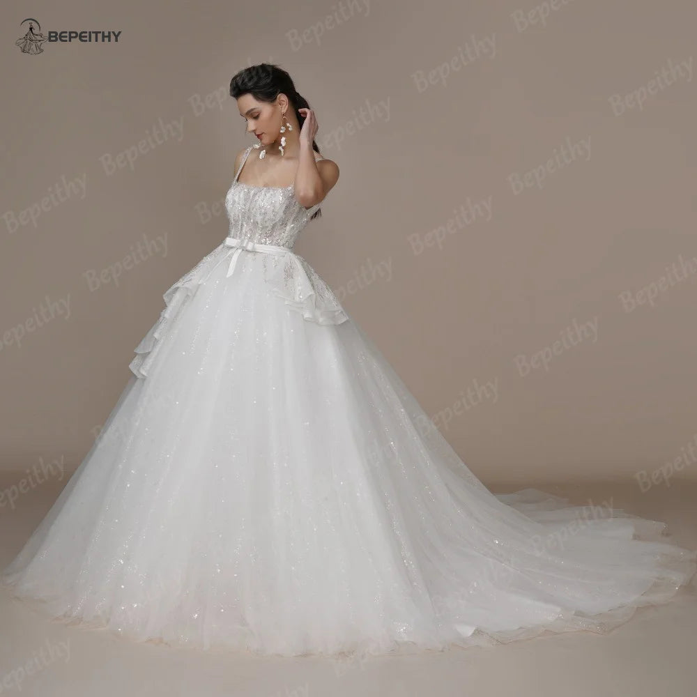 BEPEITHY Princess Glitter Vintage Wedding Dresses For Women Sleeveless Beading Bow Bride Boho Bridal Gown Detachable Flow