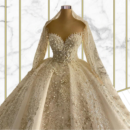 Vestidos de novia de lujo con perlas, escote corazón, mangas largas, apliques de cuentas, vestidos de novia de baile 2024, vestidos de novia personalizados