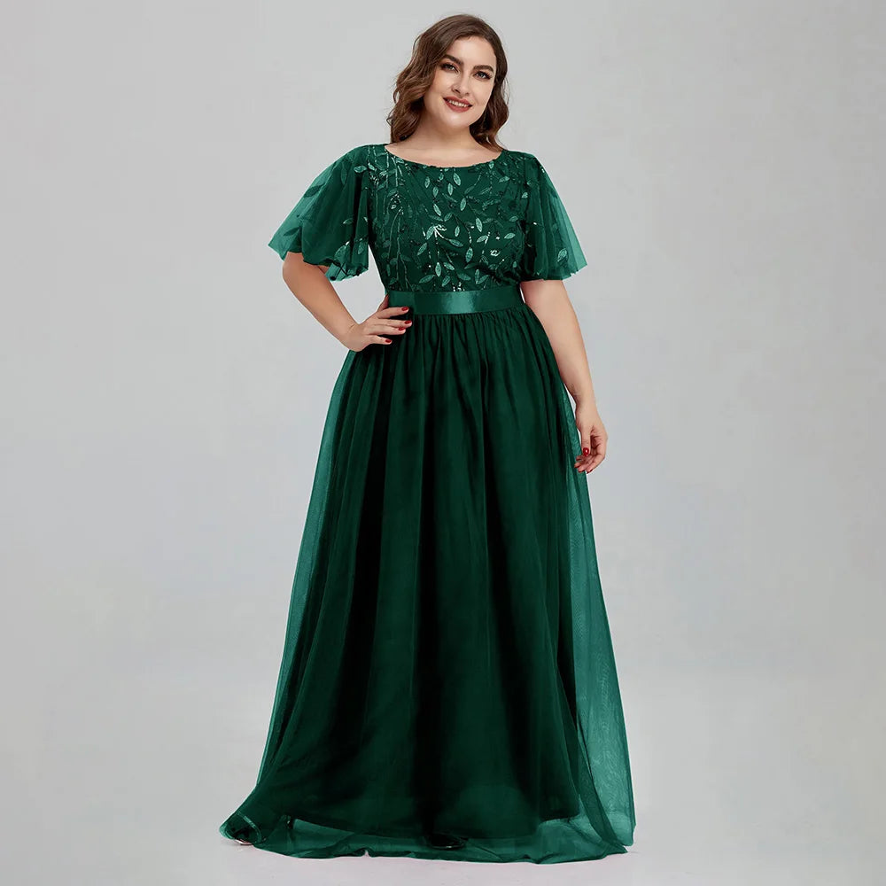 Vestido de noche largo con bordado de lentejuelas y malla en forma de A para mujer, de talla grande, con hojas y mangas para boda 2022