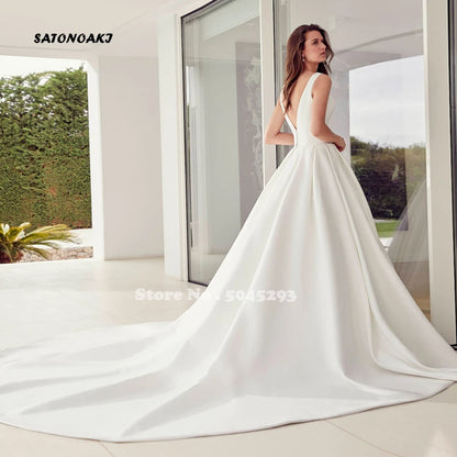 Vestidos De Novia Simple Satin Wedding Dress V-neck Sleeveless Backless Princesa A-line Bridal Gown with Pockets Robe Mariée