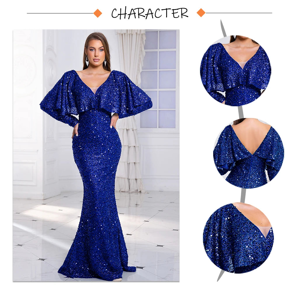 Romagic V Neck Wedding Party Dress Full Sleeve With Cape Elegant Women Evening Gown Sexy Dresses 2024