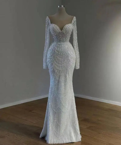 Luxury Beads Pearls White Wedding Dresses with Detachable Train Fashion Sweetheart Long Sleeves Mermaid Gowns Bride Dresses