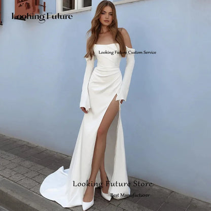 Elegant Satin Mermaid White Wedding Dress For Woman Off the Shoulder Bride Gown Strapless Illusion Long Backless High Side Slit