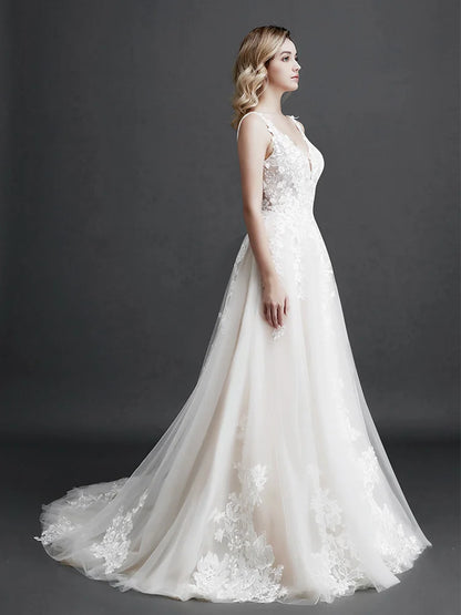 Robe de mariée élégante en dentelle A-Line pour femme, coupe ajustée, col en V, dos nu, robe de mariée, nouvelle collection 2024, robe de soirée avec appliques de fleurs 3D