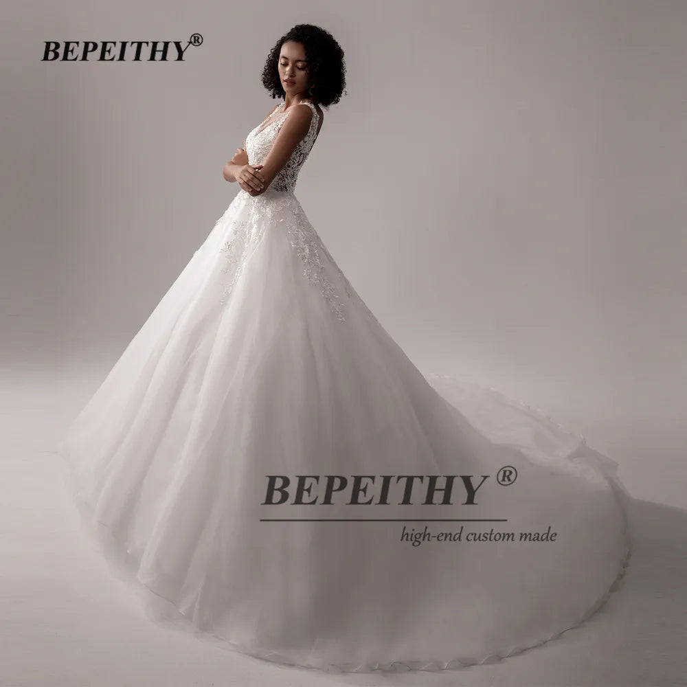 BEPEITHY A-Line Robe De Mariee Sleeveless Wedding Dress For Women 2023 Court Train Low Back Lace Women Bridal Bouquet Gown