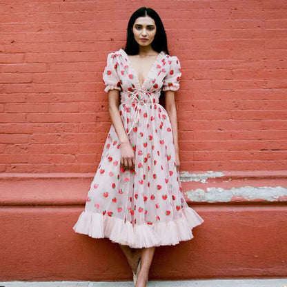 Vestido de fiesta tipo túnica con cuello redondo y malla bordada con lentejuelas de fresa para mujer, vestidos de lujo para novia