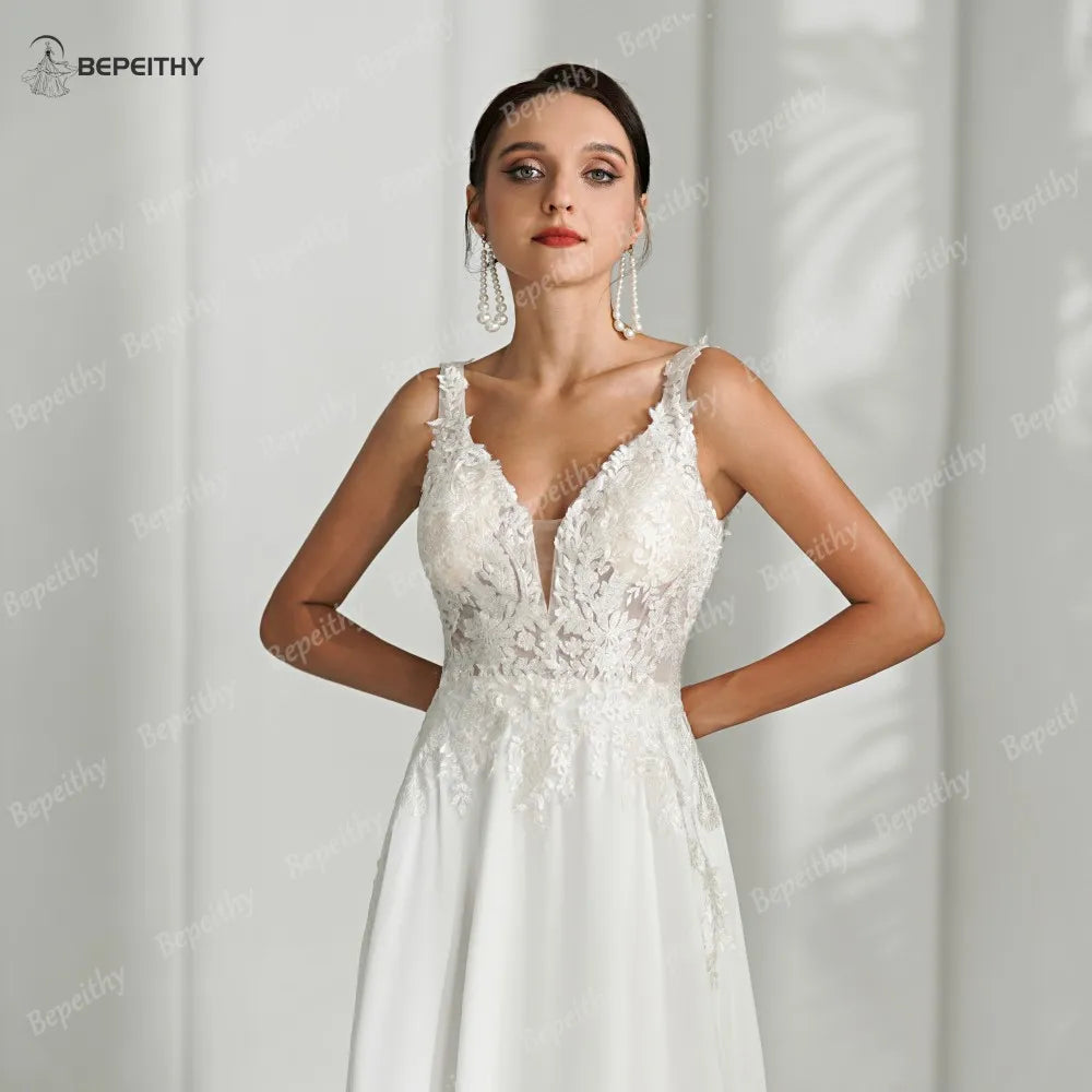 BEPEITHY Ivory Beach Wedding Dresses For Bride Women Sleeveless Chiffon Boho Open Back Sexy Bridal Gown Vestidos De Novia New