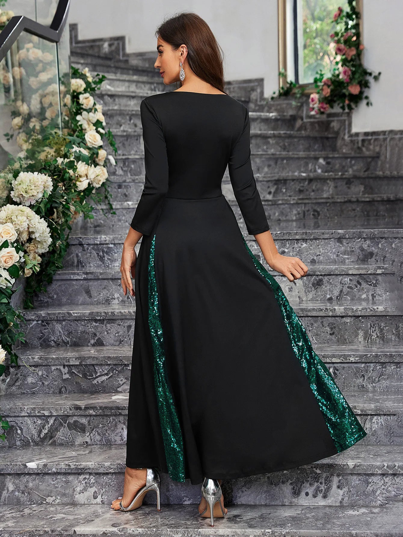 Women'S Vintage Full Sequin Formal Long Dress V Neck Open Back Wedding Party Gowns 2024 Stretchy Graduation Cocktail Prom Dress