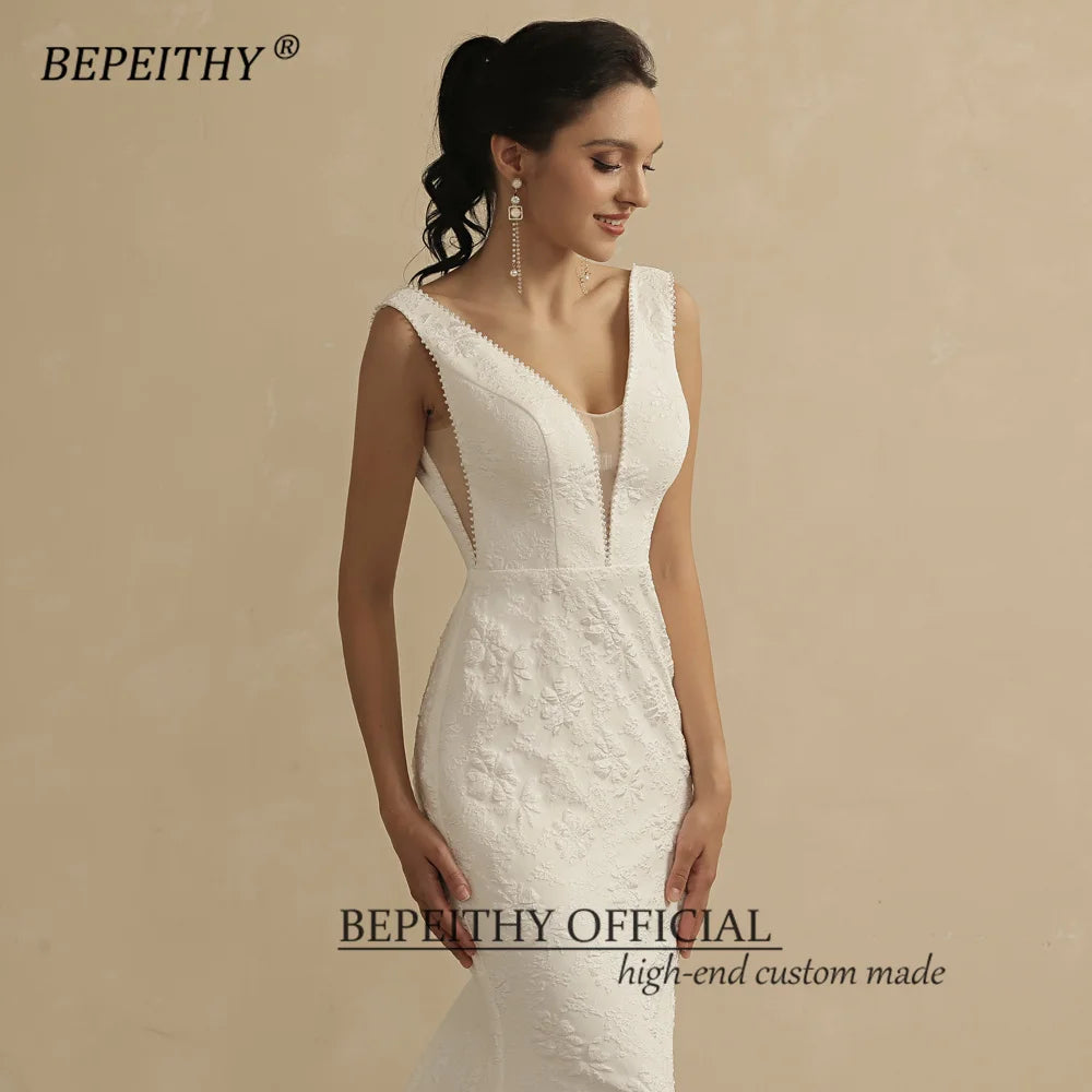 BEPEITHY Sexy Deep Pearls V Neck Mermaid Wedding Dresses For Women 2023 Court Train Ivory Embossing Bridal Gowns Open Back New