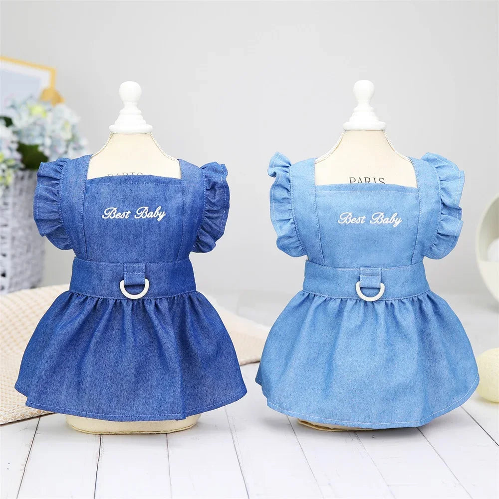 Lindo vestido de mezclilla para perros pequeños y medianos, ropa de boda, vestido de princesa, falda suave y dulce para primavera y verano, ropa para mascotas