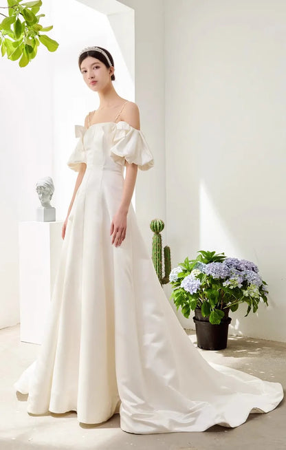 Wedding Dresses off-shoulder satin A-line long- Sleeves Vestido De Noiva Elegant short-shoulder Bridal Gown plus size