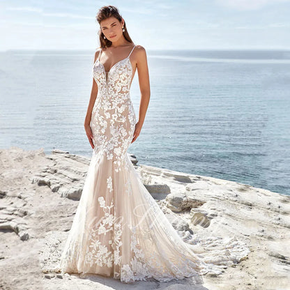 Robe de mariée sirène de plage YunShang pour femmes, appliques en dentelle, bretelles spaghetti, traîne à balayage, dos nu, robes de mariée sur mesure