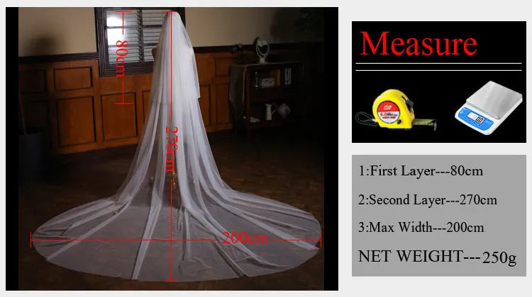 V872 Long White Handmade Bridal Veil for Wedding Dress Tulle Two-Layer Cathedral Brides to Be Veil with Hair Comb