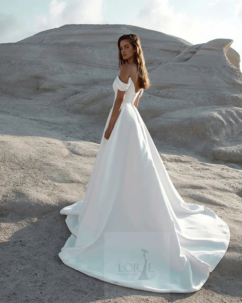 LORIE Soft Satin A Line Wedding Dresses Sleeveless Off The Shoulder Bridal Gowns Long Train Wedding Party Gowns 2023