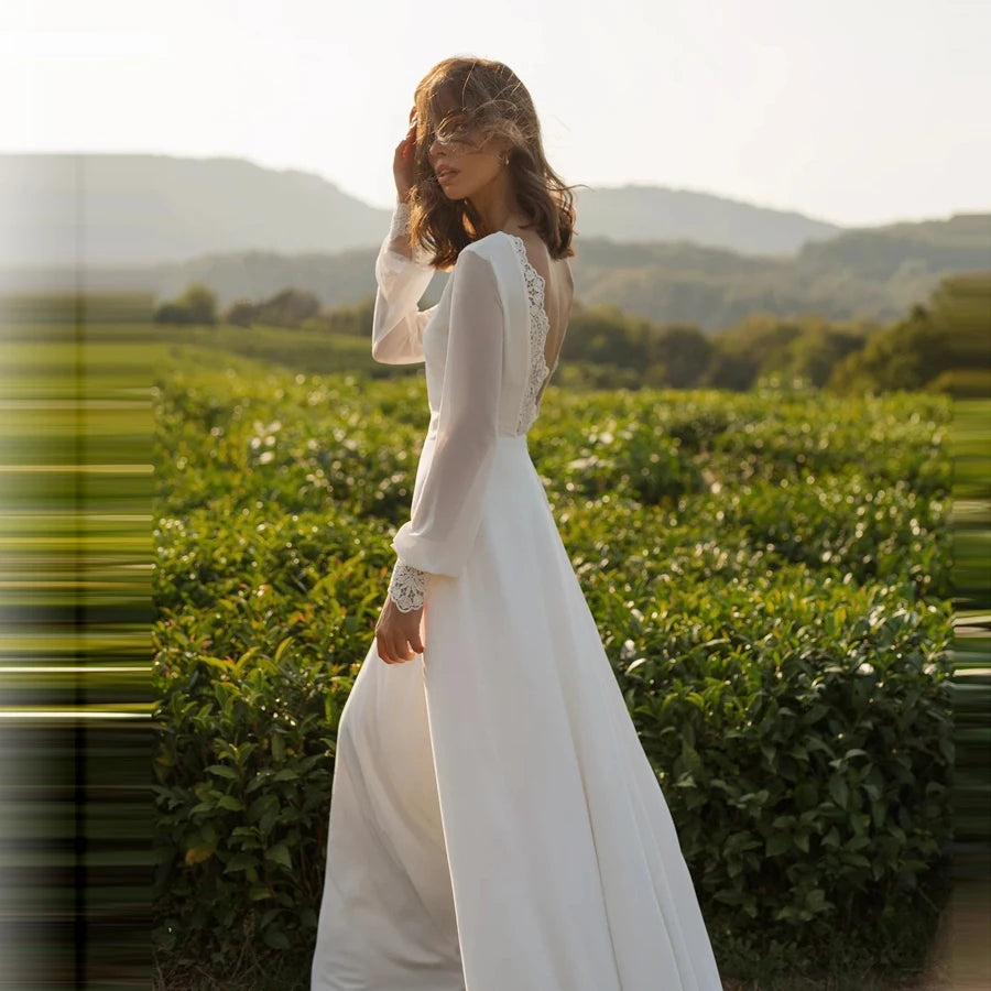 Robes de mariée françaises col rond ligne A manches longues robe de mariée élégante appliques en dentelle robe de mariée grande taille