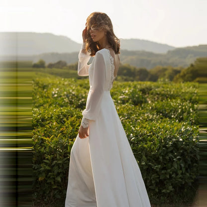 Robes de mariée françaises col rond ligne A manches longues robe de mariée élégante appliques en dentelle robe de mariée grande taille