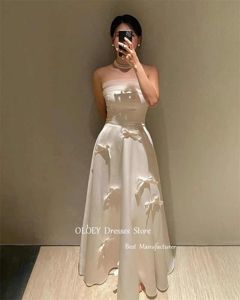 Giyu Simple Negro A Línea Coreana Boda Sesión de Fotos Vestidos Sin Tirantes Lazo Hasta el Tobillo Vestidos de Novia Vestido de Fiesta Formal