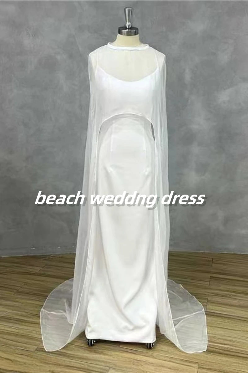 Beach Detachable Long Shawls Spaghetti Straps Satin Wedding Dress For Women Sexy Backless Mermaid Bridal Gown Vestidos De Novia