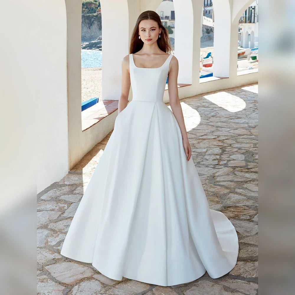 Robes de mariée élégantes en satin blanc sans manches, robes de mariée simples pour femmes 2024, mariée dos ouvert, ligne A, robe de mariée