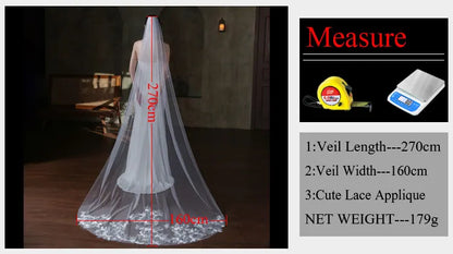 V859 Voile de mariée cathédrale blanche pour robe de mariée, voile de coiffure longue en tulle et dentelle à une couche avec appliques