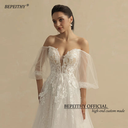 BEPEITHY Shinny Glittle A Line Skirt Ivory Wedding Dresses For Women With Puff Sleeves Sexy Sweetheart Lace Bridal Gown 2022